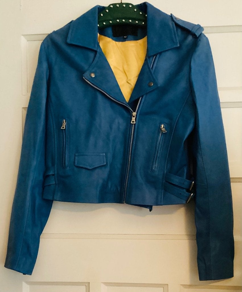 Mt 42 La Jari blauwe lams leren biker jack jas, Kleding | Dames, Jassen | Zomer, Ophalen of Verzenden, Zo goed als nieuw, Maat 42/44 (L)