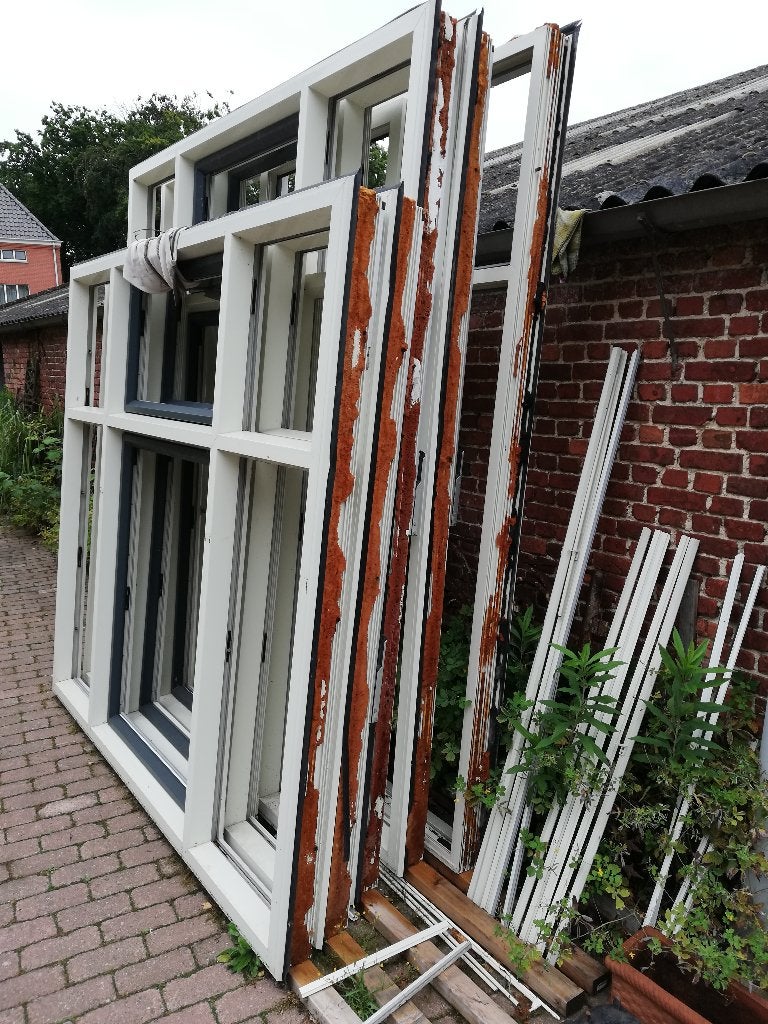 5 kunststof kozijnen 203,5x228br en 253x228br plus deur, Ophalen, Kunststof, 150 tot 225 cm, Raamkozijn