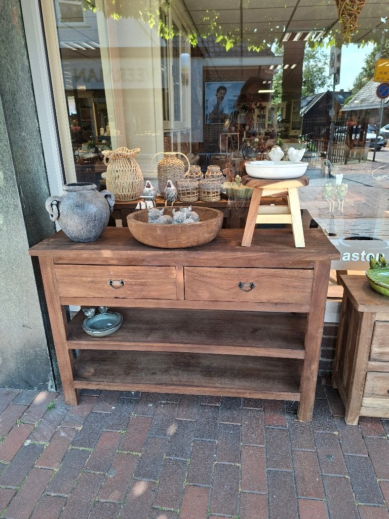 Robuust teakhouten sidetable 2 lades 2 plateaus, Ophalen, 100 tot 150 cm, Teakhout, Zo goed als nieuw