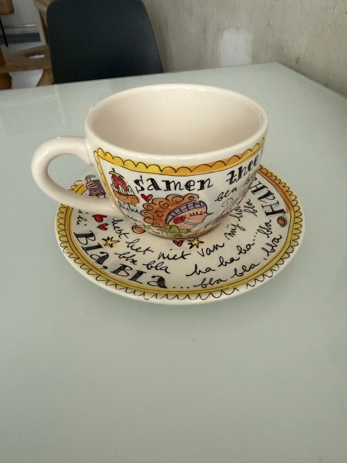 Blond Amsterdam theekop en schotel 'Samen thee en koekjes', Keramiek, Ophalen of Verzenden, Zo goed als nieuw, Modern