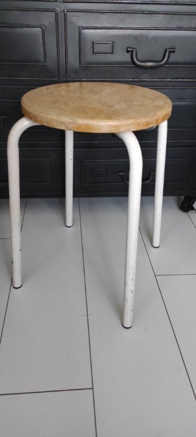 Vintage kruk hout met witte metalen poten, Ophalen of Verzenden, Gebruikt, Hout