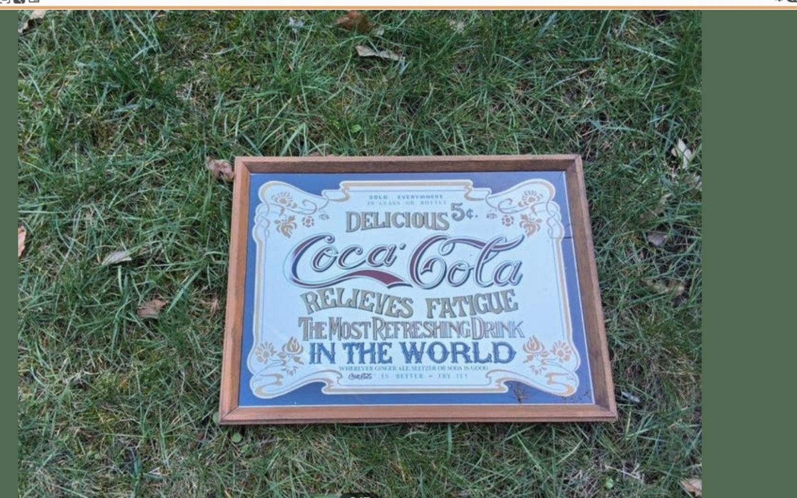 Vintage Coca-Cola spiegel - 'Delicious 5c' reclame, Antiek en Kunst, Antiek | Spiegels, Ophalen of Verzenden, Rechthoekig