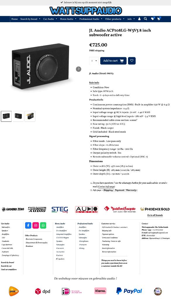JL Audio ACP108LG-W3V3 8 inch subwoofer active, ., Hifi-Focus, Aalsmeerderweg 173 1432 CL, Aalsmeer, Nieuw