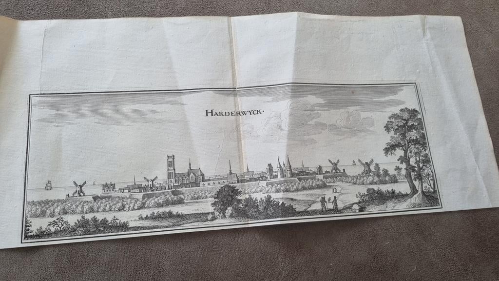 Antieke Gravure Harderwijk - Stadsgezicht met Windmolens, Antiek en Kunst, Kunst | Etsen en Gravures, Stadsgezicht, Ophalen of Verzenden
