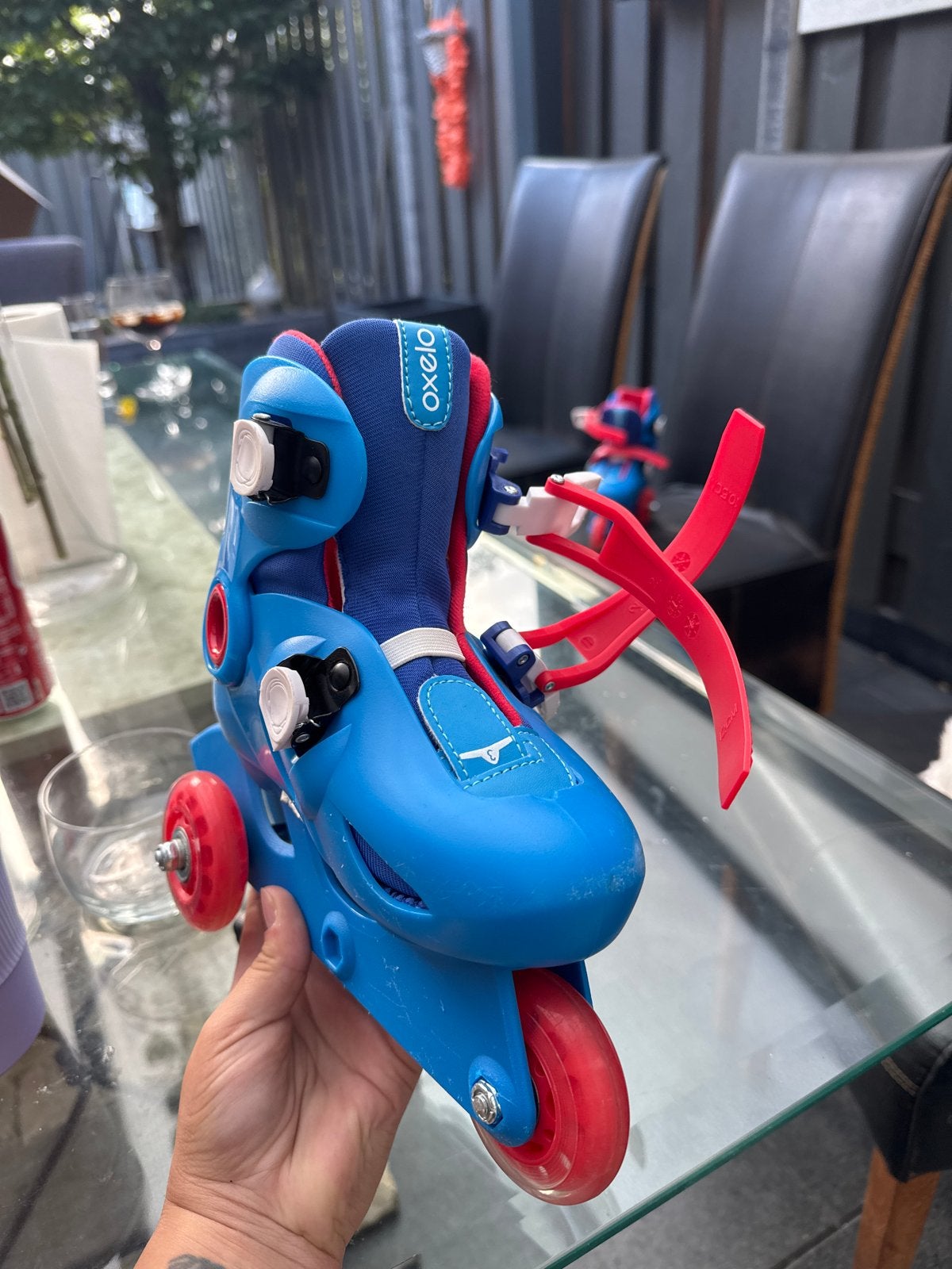 Oxelo verstelbare kinder rolschaatsen, blauw/rood, Ophalen, Gebruikt, Overige typen, Overige merken