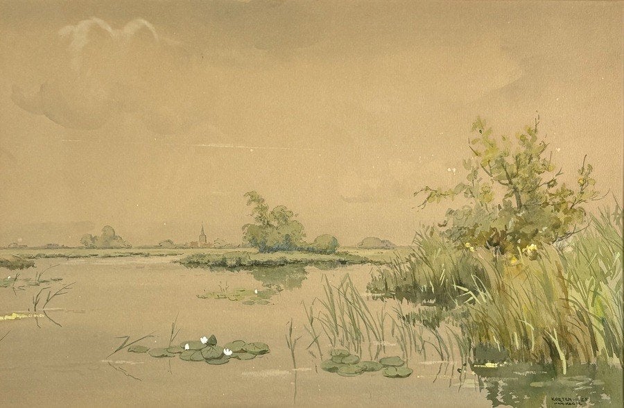 217. Aquarel Jan Kagie – polderlandschap, 20e eeuw, Antiek en Kunst, Ophalen