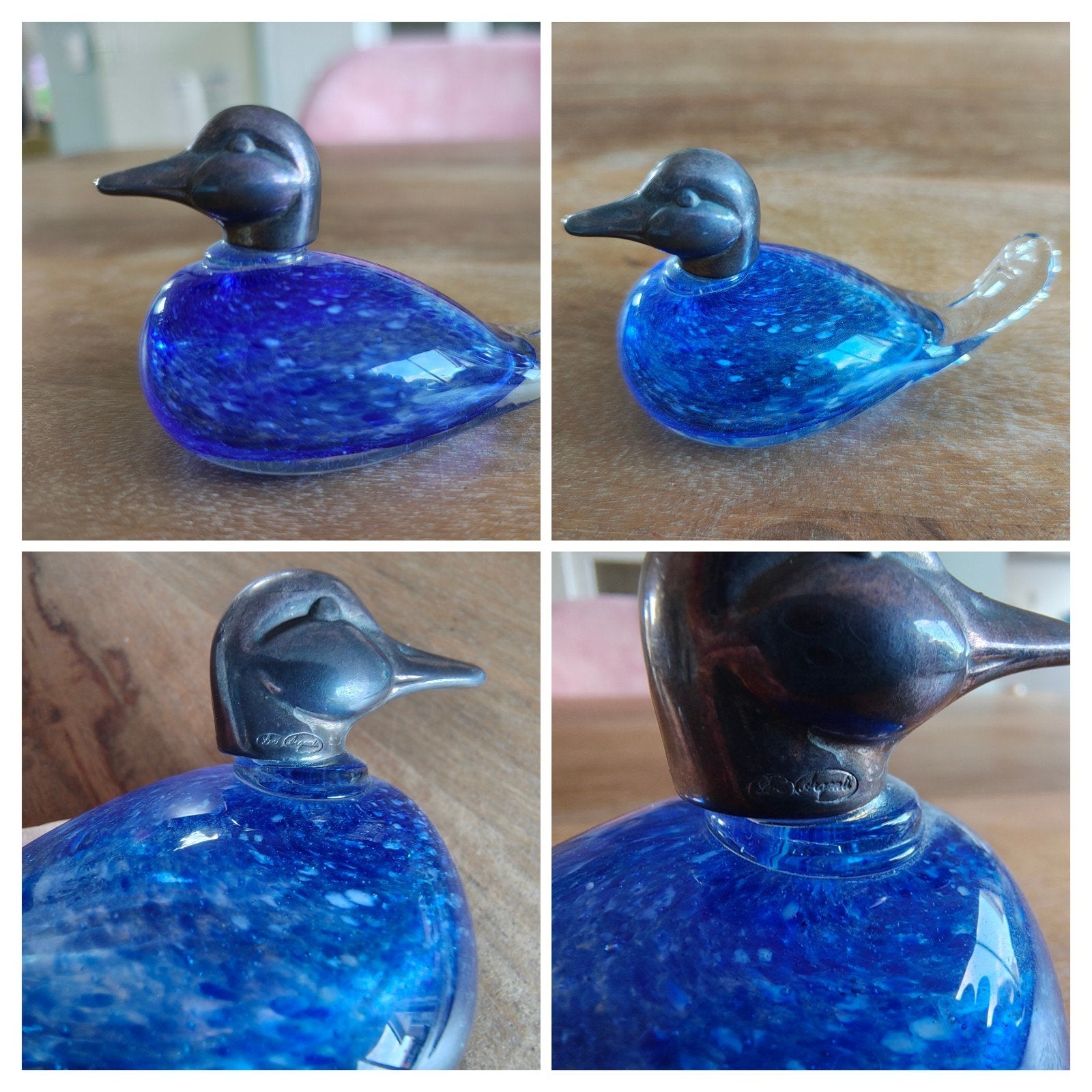 Handgeblazen glas eend met verzilverde kop Argenti. MURANO, Ophalen