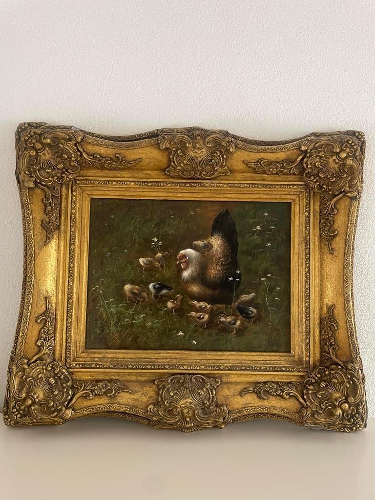 Schilderij in stijl van Albertus Verhoesen: Kippen met kuike, Ophalen of Verzenden