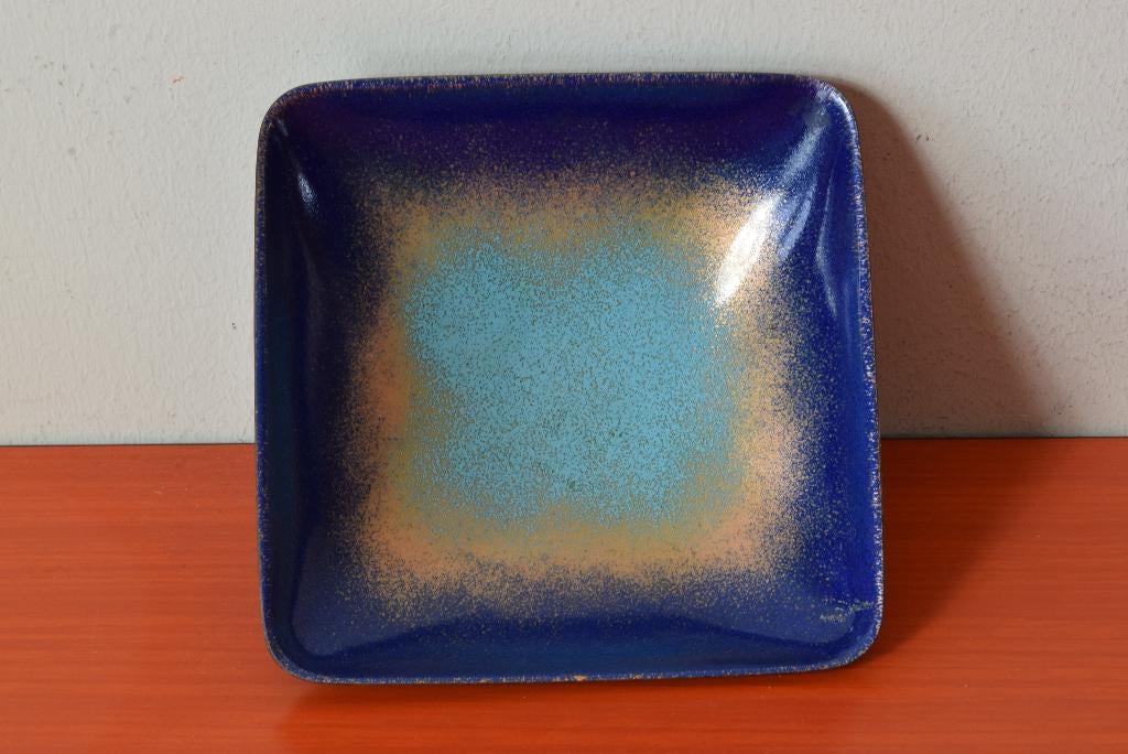 Retro vintage vierkante emaille schaal met voet, Ophalen of Verzenden