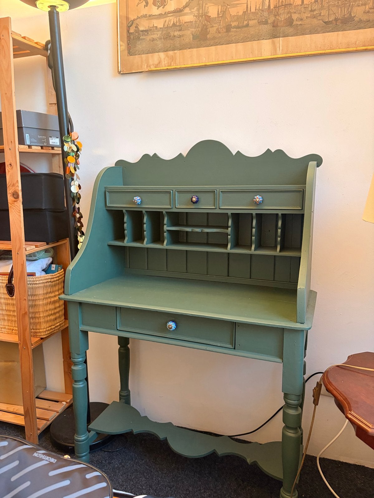 Antiek groen secretaire bureau met lades, Ophalen