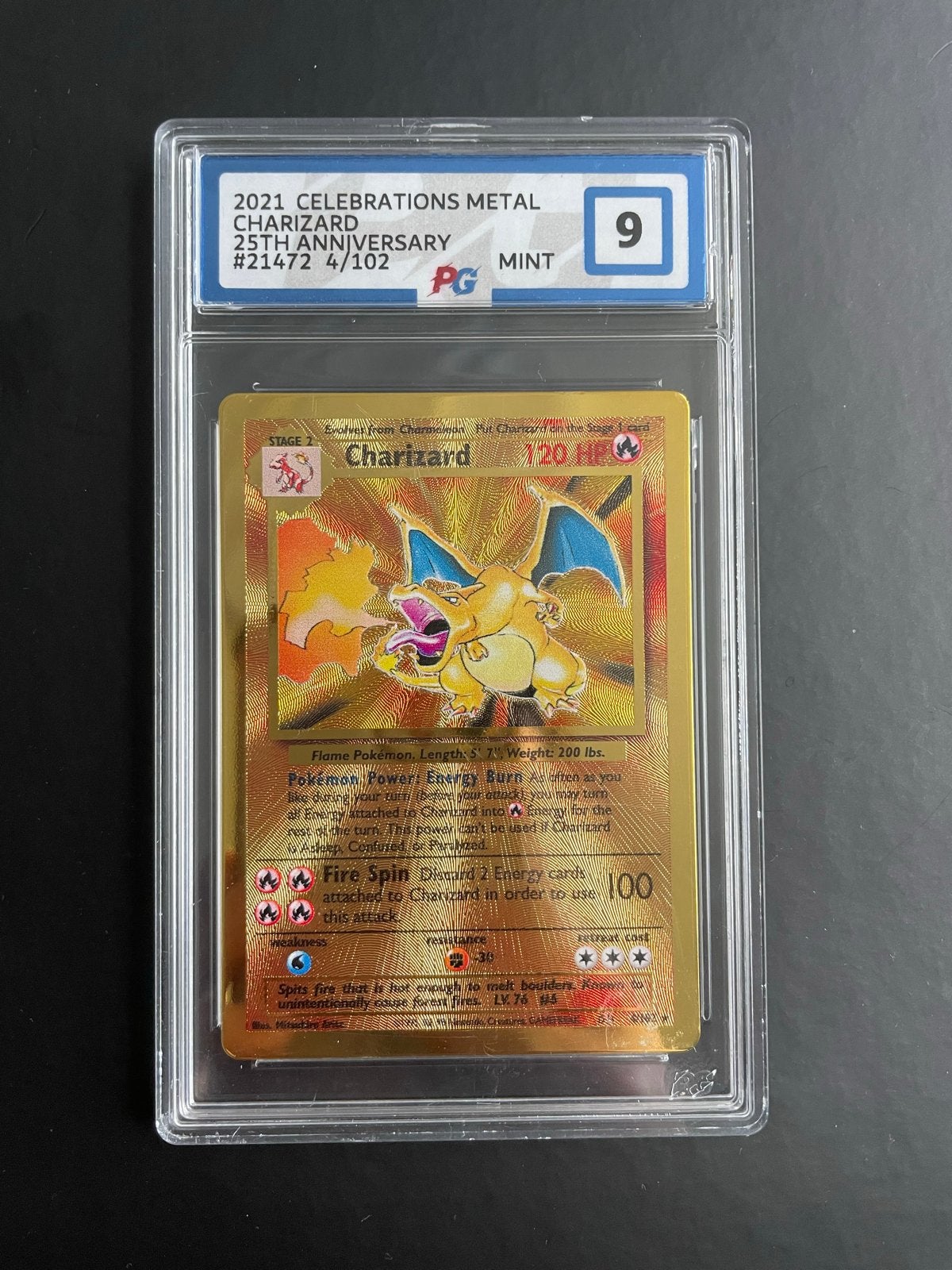 Pokemon Celebrations UPC Charizard Metal Card PG 9 2021, Ophalen of Verzenden, Zo goed als nieuw, Losse kaart, Foil