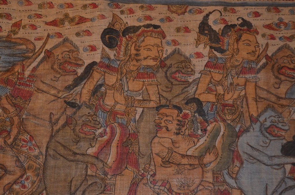 Kamasan Bali Schilderij scene Ramayana epos, 97 cm, Ophalen of Verzenden, Indonesië, Meerkleurig
