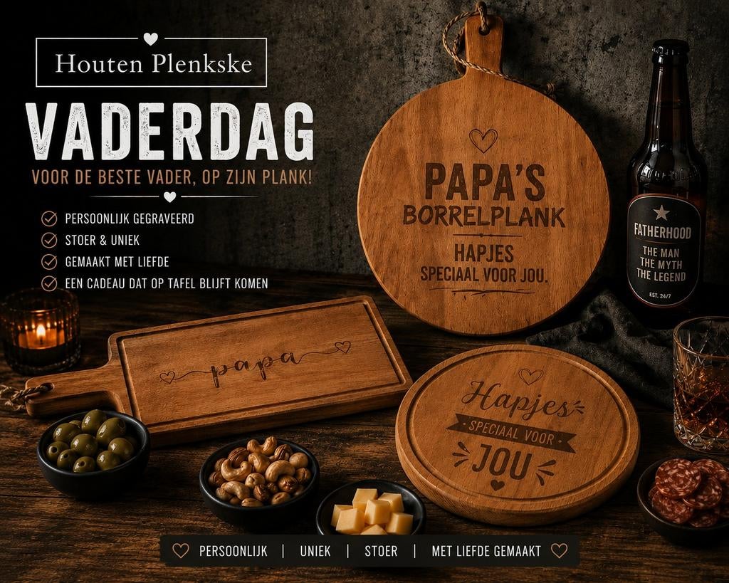 Uniek Vaderdagcadeau - Borrelplank met namen, Houten Plenkske, Info@houtenplenkske.nl, Nieuw, Ophalen of Verzenden