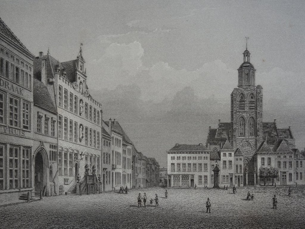 staalgravure Grote markt Bergen op zoom, AJ Terwen 1863, Ophalen of Verzenden, Origineel