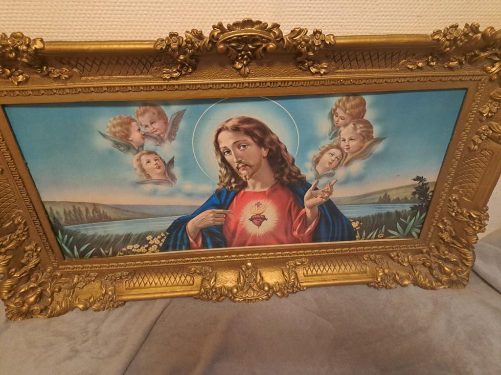 Mooi schilderij Jezus en engeltjes in keurige staat, Ophalen of Verzenden