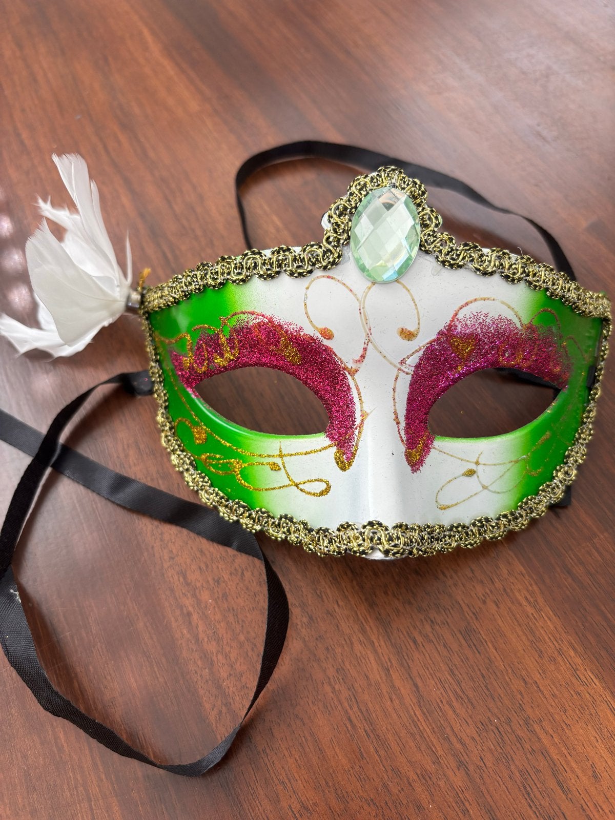 Venetiaans masker - Groen, paars en goud met veren, Ophalen of Verzenden