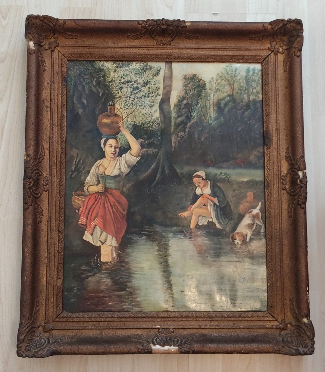 Olieverfschilderij “Naar Siberechts” – A V D Velden 1977, Doek, Ophalen of Verzenden, Olieverf, Klassiek