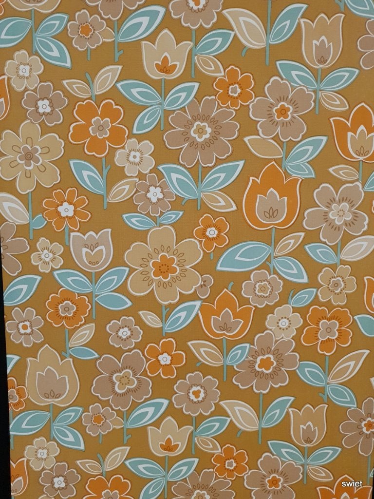 12947 Vintage groovy senventies bloemen behang swiet, Ophalen of Verzenden, Beige