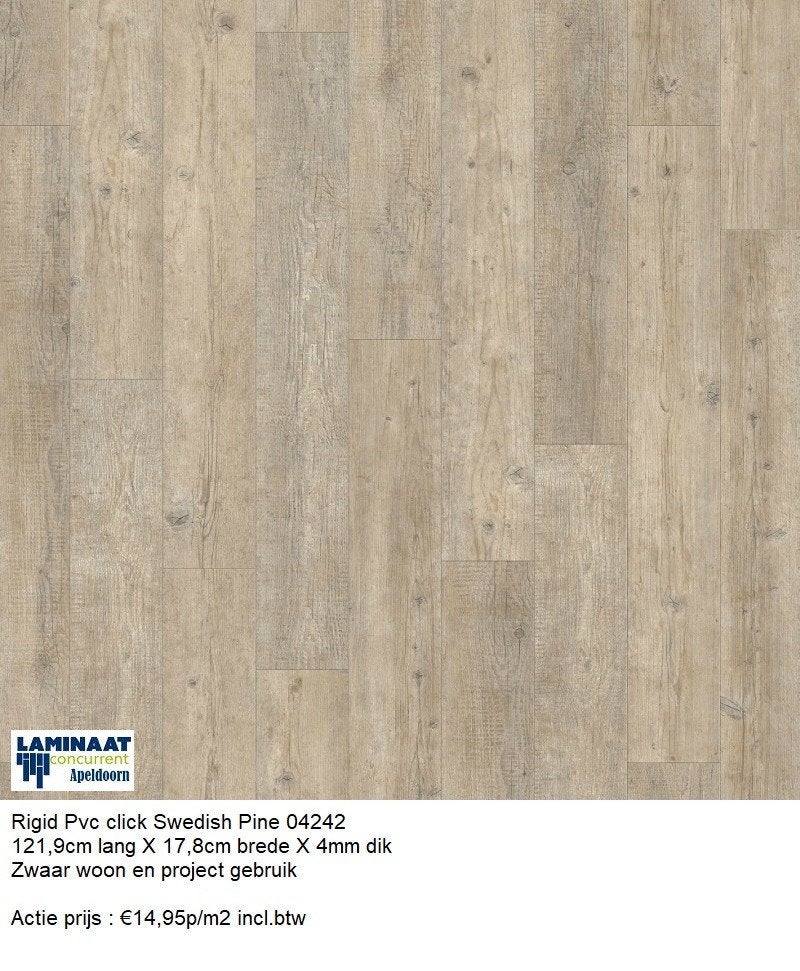 €14,95m2 Pvc click Swedish Pine 4mm dik OUTLET PRIJS, Pvc click Pine boom decor, 75 m² of meer, Nieuw, Ophalen of Verzenden
