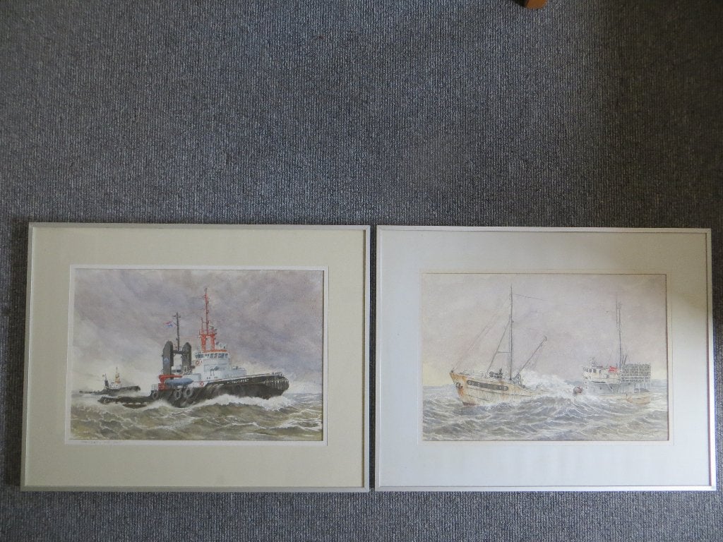 2 aquarellen van vrachtschip en een sleepboot, Maritiem / water, Realistisch, Ophalen of Verzenden, Aquarel