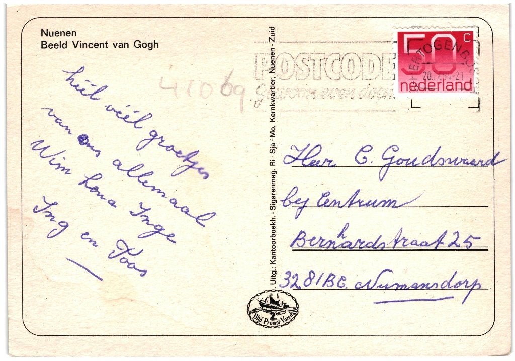41069 Nuenen 80+ N Br Standbeeld Vincent van Gogh Gelopen, Verzamelen, Ophalen of Verzenden, 1980 tot heden, Gelopen, Noord-Brabant