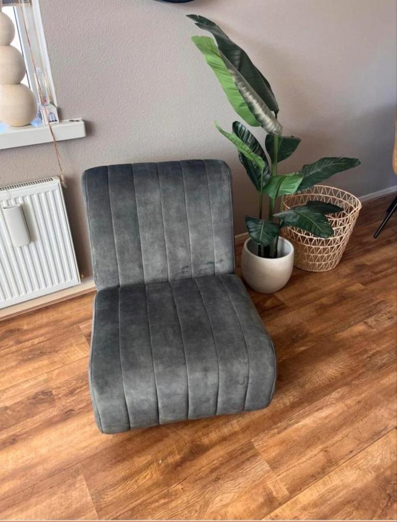 Comfortabele fluwelen fauteuil - Grijs/groen, Huis en Inrichting, Stoelen, Ophalen, Zo goed als nieuw, Eén, Stof