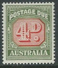AUSTRALIE 1958-60 4d. karmijn & diep groen Portzegel,Die: II, Verzenden, Postfris