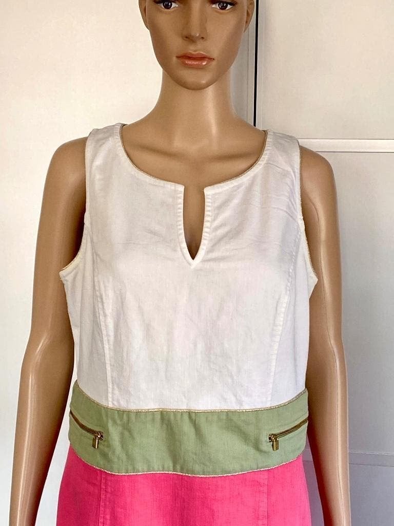 J420 Caroline Biss maat 38=M jurk roze/wit/groen jeans-stof, Kleding | Dames, Jurken, Maat 38/40 (M), Ophalen of Verzenden, Zo goed als nieuw