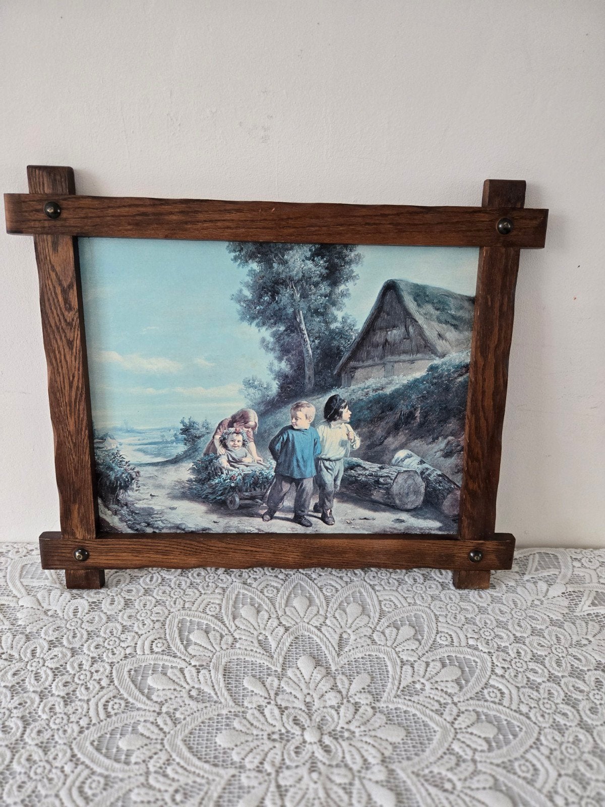 Vintage Schilderij: Kinderen in Landschap met Boerderij, Ophalen, Portret of Personen, Realistisch, Print