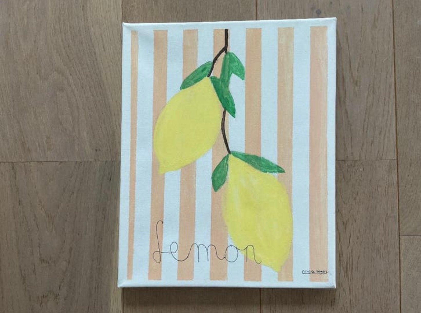 handgeschilderd schilderij op canvas citroen op strepen, Acrylverf, Overig onderwerp, Handgeschilderd, Ophalen of Verzenden