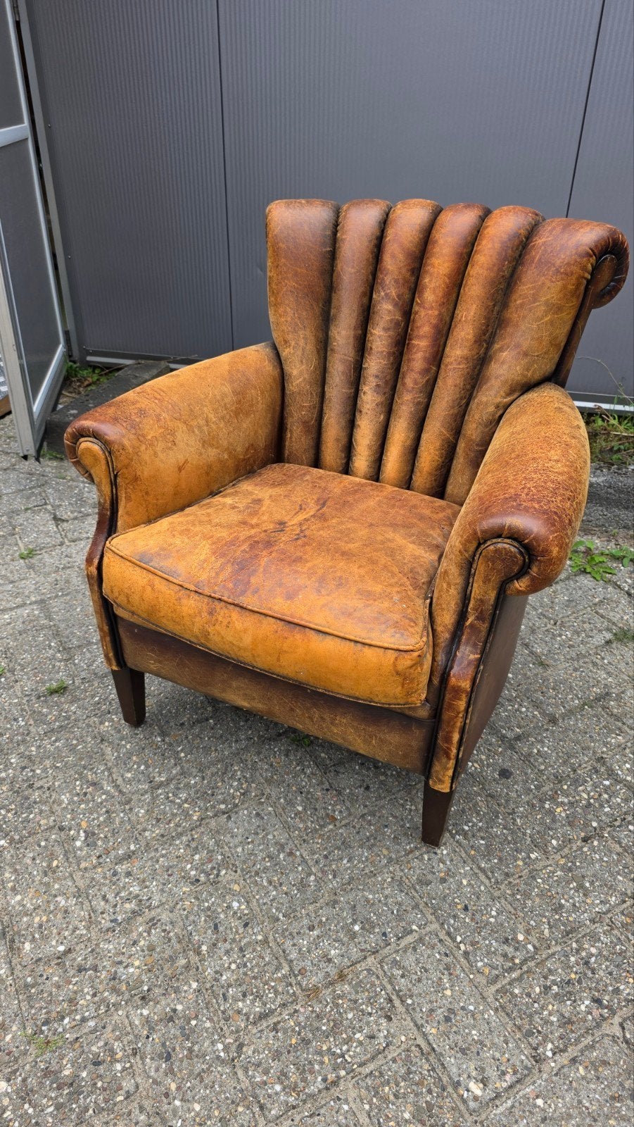 antieke Engelse schapenlederen fauteuil, Ophalen