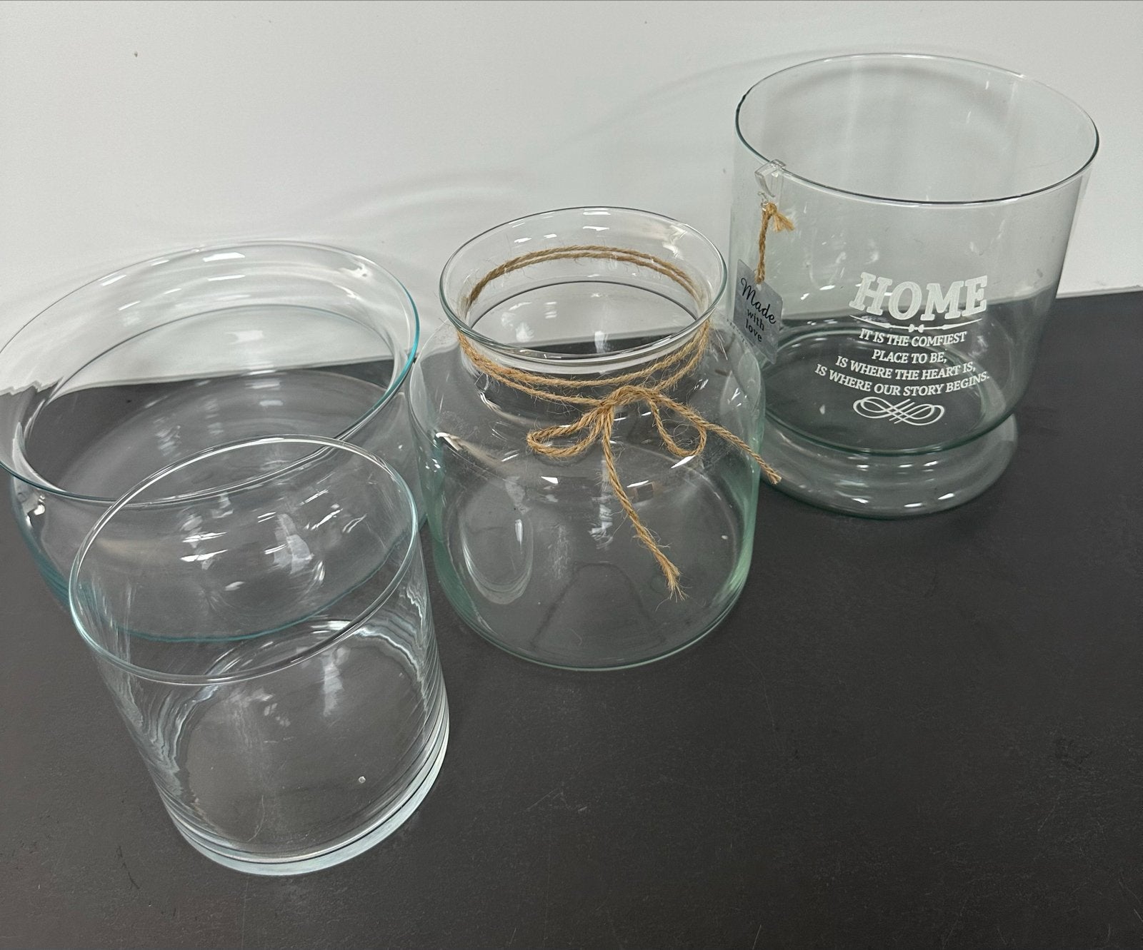Set van 4 glazen vazen/windlichten, Ophalen, Gebruikt, Met patroon/structuur, Transparant