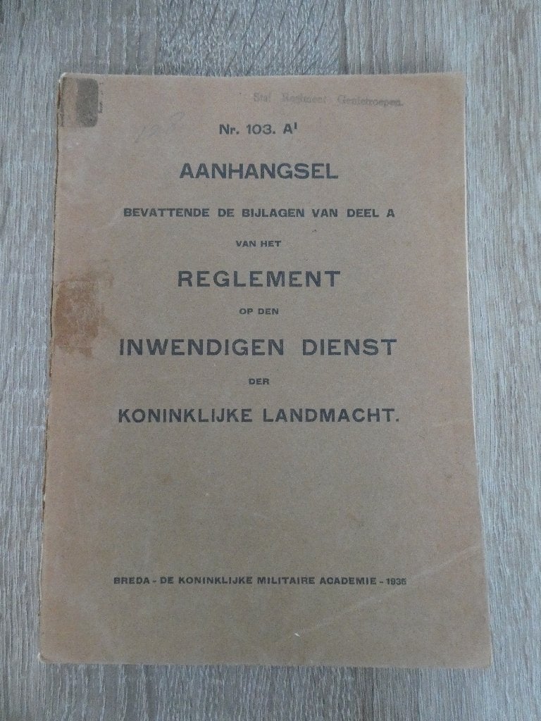 No. 103 A. Regelement inwendigen dienst. 1935., Verzamelen, Ophalen of Verzenden, Landmacht, Nederland, Boek of Tijdschrift