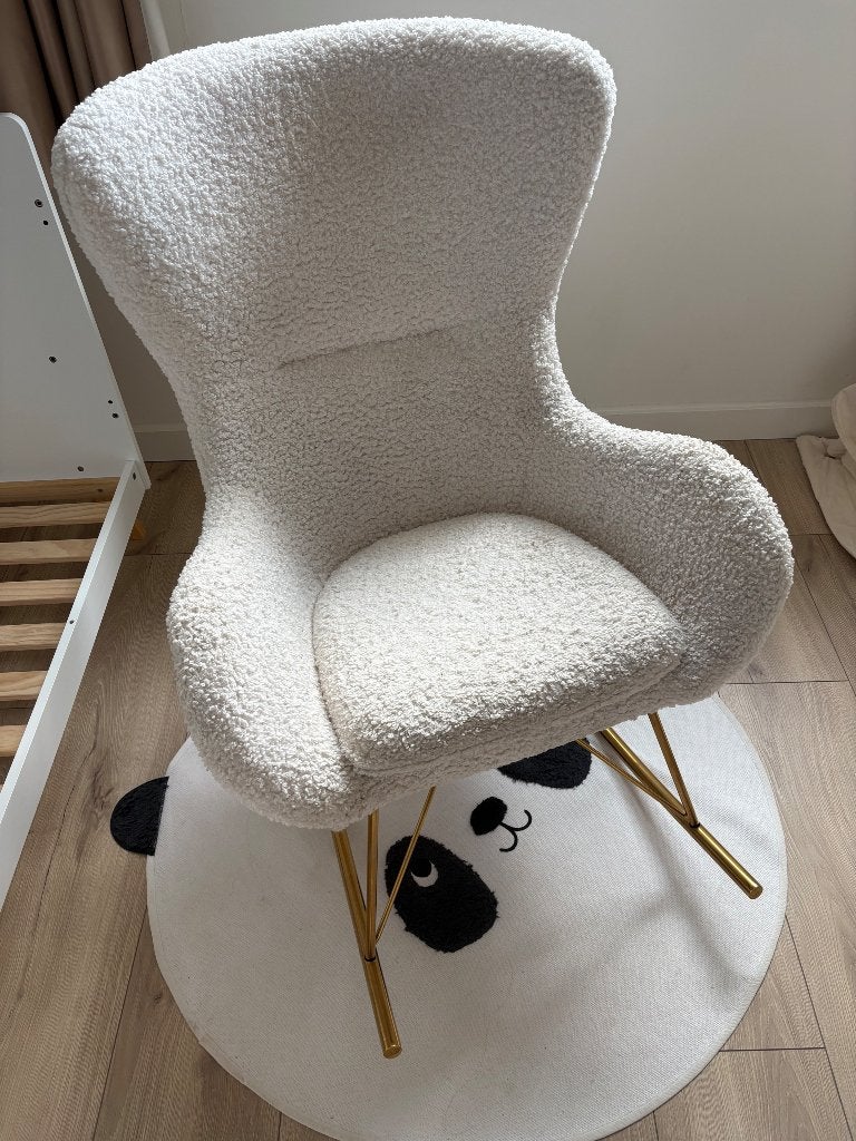 Westwing bouclé teddy schommelstoel crème/wit – goud, Ophalen, Gebruikt, Wit, Metaal