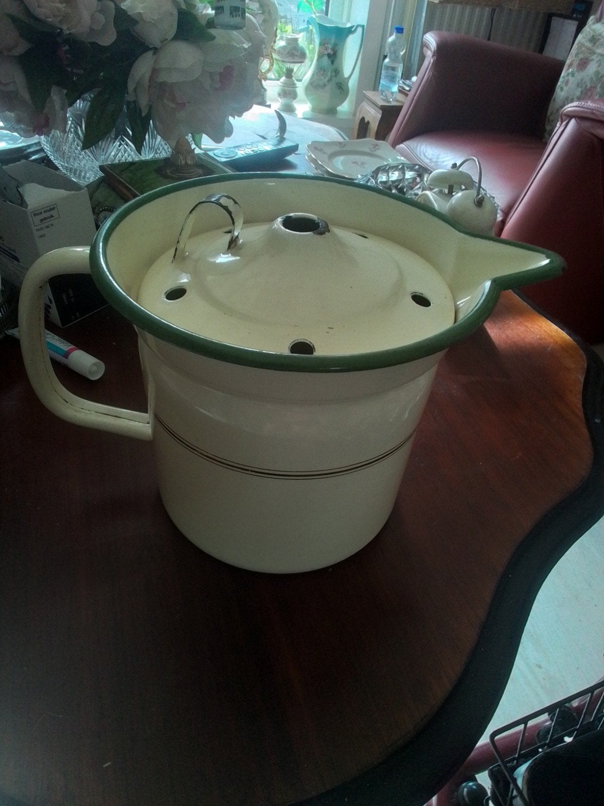 Vintage Emaille Melkkoker - Crème met Groene Rand, Antiek en Kunst, Ophalen of Verzenden