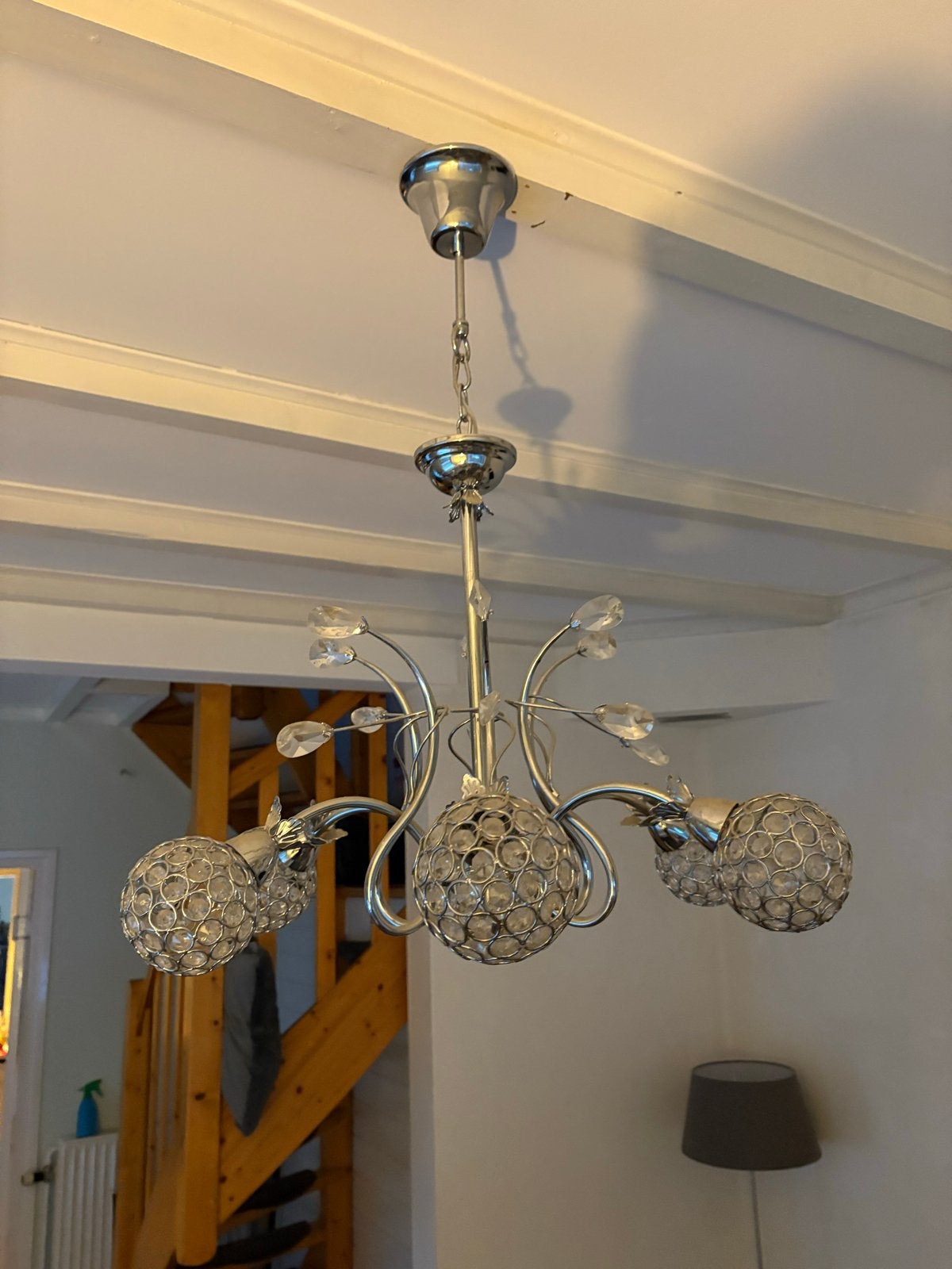 Luxe Chroom Hanglamp met Kristallen en 6 Armen, Ophalen, Gebruikt, Metaal