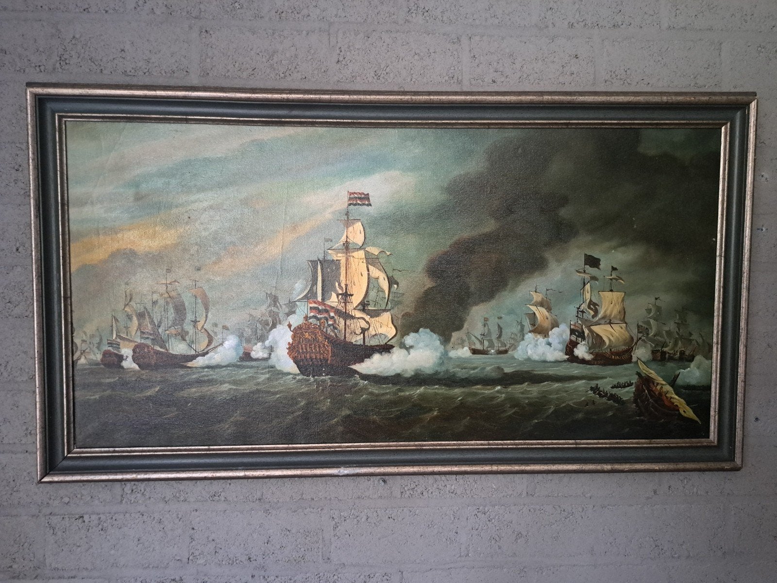 Maritiem schilderij: Zeeslag, olieverf op doek, 60x110 cm, Antiek en Kunst, Kunst | Schilderijen | Klassiek, Maritiem / water