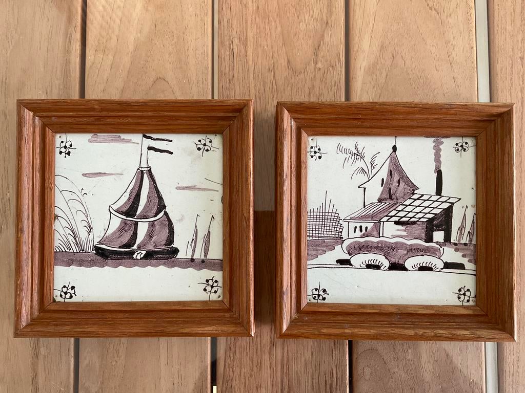 Antieke tegel in eiken lijst, mangaan, 13x13 cm, 2 stuks, Antiek en Kunst, Antiek | Wandborden en Tegels, Ophalen