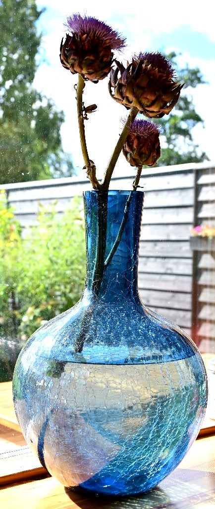 DEZE WEEK! POLSPOTTEN gecraq. glas BallBody Vaas L €50 nieuw, Blauw, Nieuw, Ophalen of Verzenden, Glas