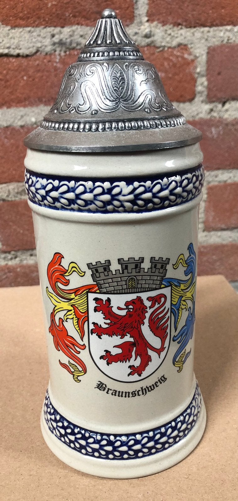 Vintage Duitse Bierpul met Braunschweig Wapen en Tin Deksel, Antiek en Kunst, Ophalen of Verzenden