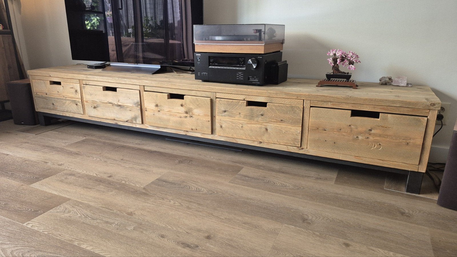 Steigerhouten tv meubel industrieel, Huis en Inrichting, Kasten | Ladekasten, Ophalen, Gebruikt, 5 laden of meer, 200 cm of meer