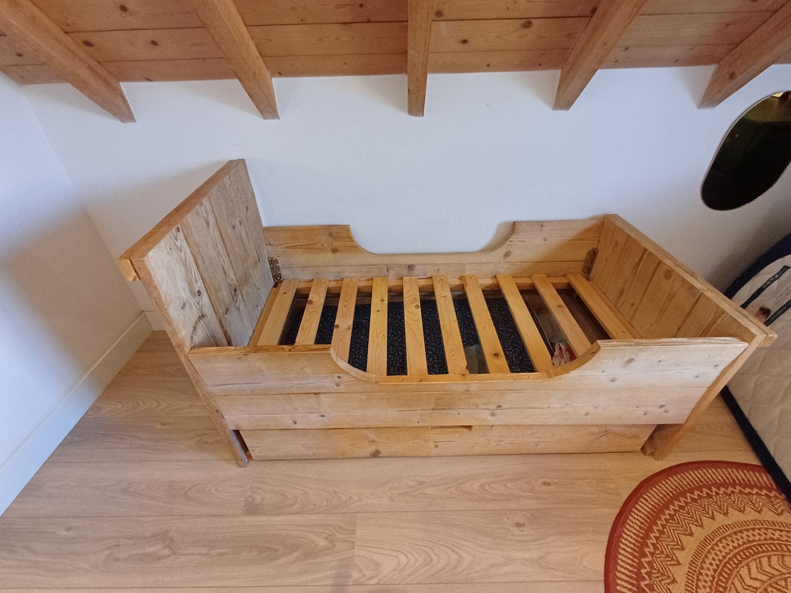 Steigerhouten kinderbed met opberglade, Ophalen, Gebruikt, Eenpersoons, 190 cm of minder