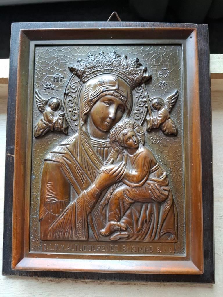 Antieke koperen icoon Maria met Kind op hout, Antiek en Kunst, Ophalen of Verzenden
