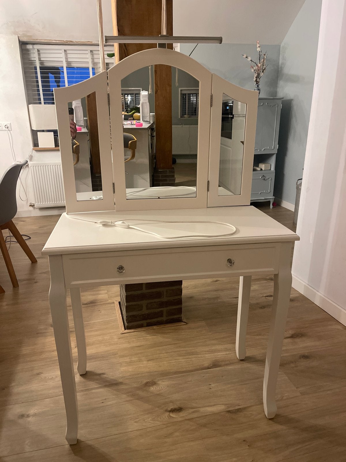Witte kinderkaptafel met drievoudige spiegel en lade, Gebruikt, 100 tot 150 cm, Hout, 50 tot 100 cm