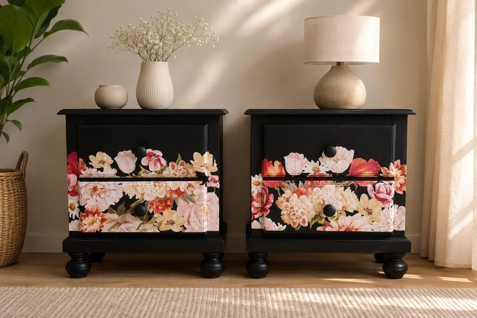 Unieke set antieke nachtkastjes – stijlvol gerestyled, Huis en Inrichting, Kasten | Ladekasten, Ophalen, 1 of 2 laden, 50 tot 100 cm