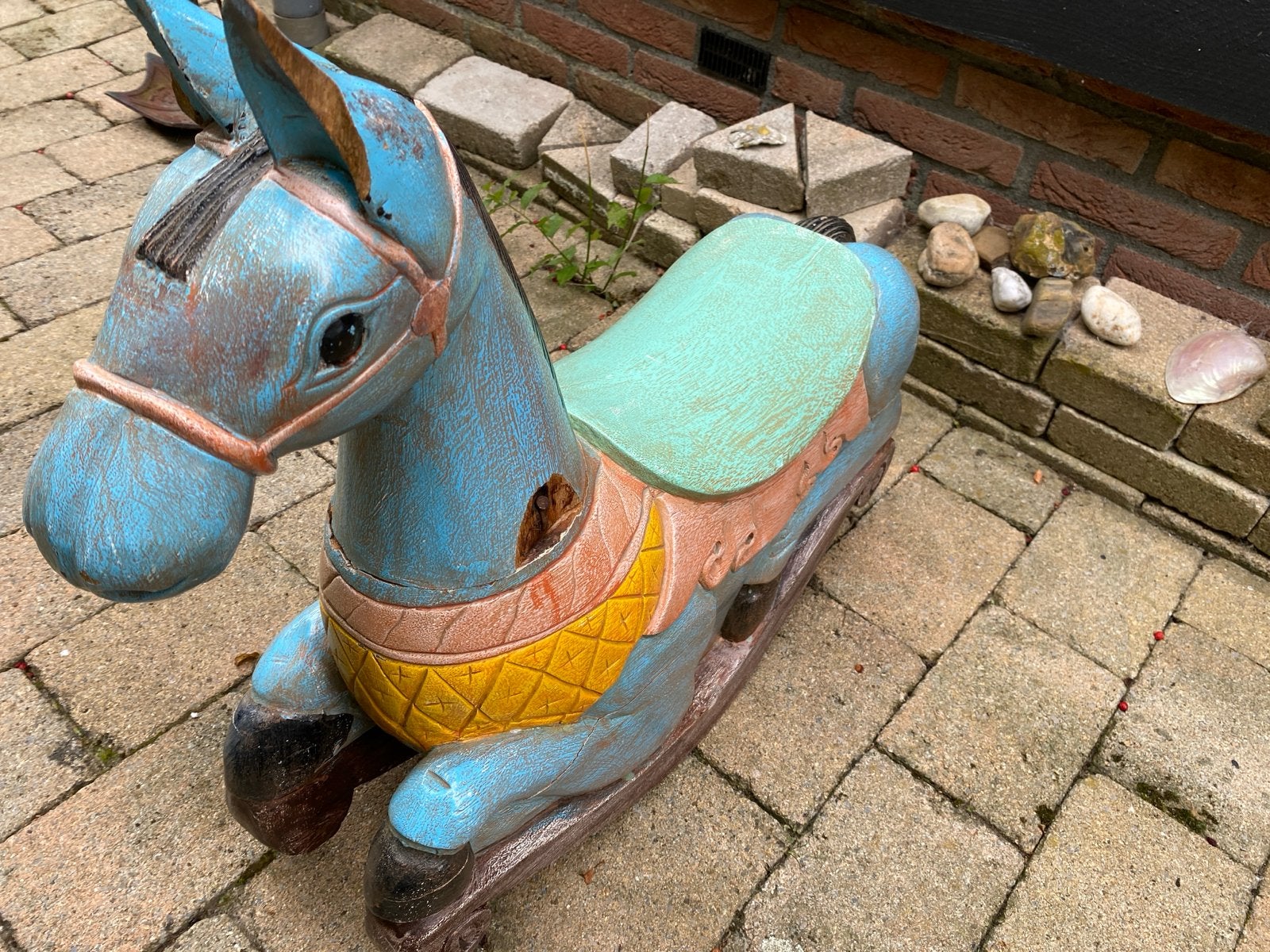 Vintage houten hobbelpaard - Blauw, Ophalen, Gebruikt, Rij- of Hobbelspeelgoed