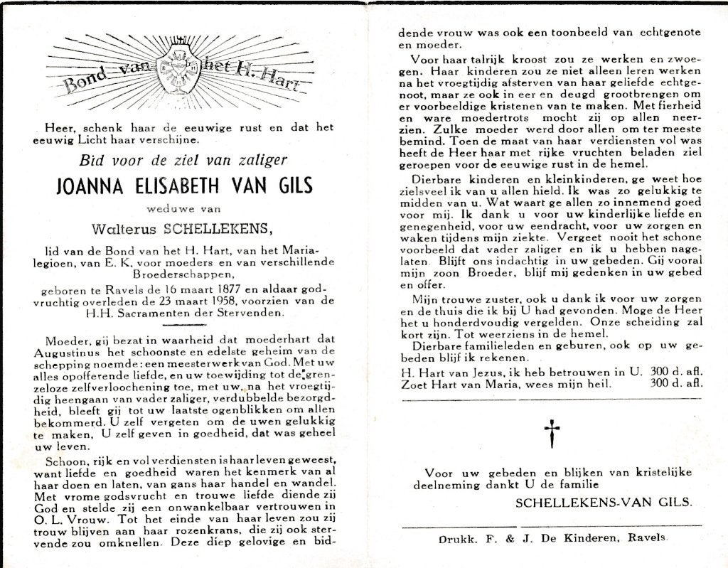 Gils Joanna 1877 Ravels 1958, Ophalen of Verzenden, Bidprentje