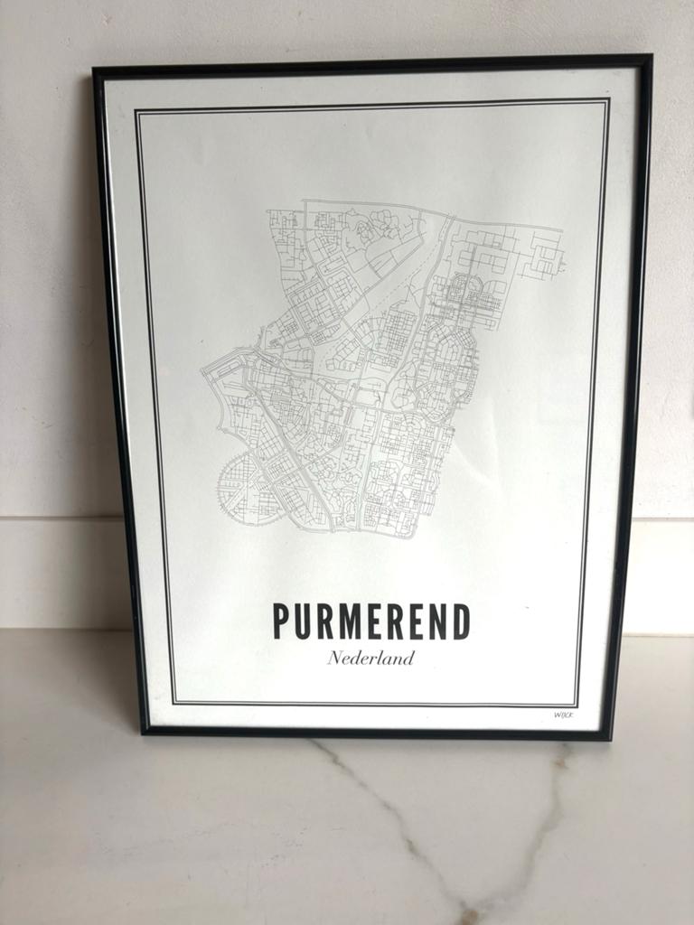 Van Wijck Purmerend kaart 30x40 cm met zwarte lijst, Huis en Inrichting, Woonaccessoires | Lijsten, Ophalen of Verzenden, Zo goed als nieuw