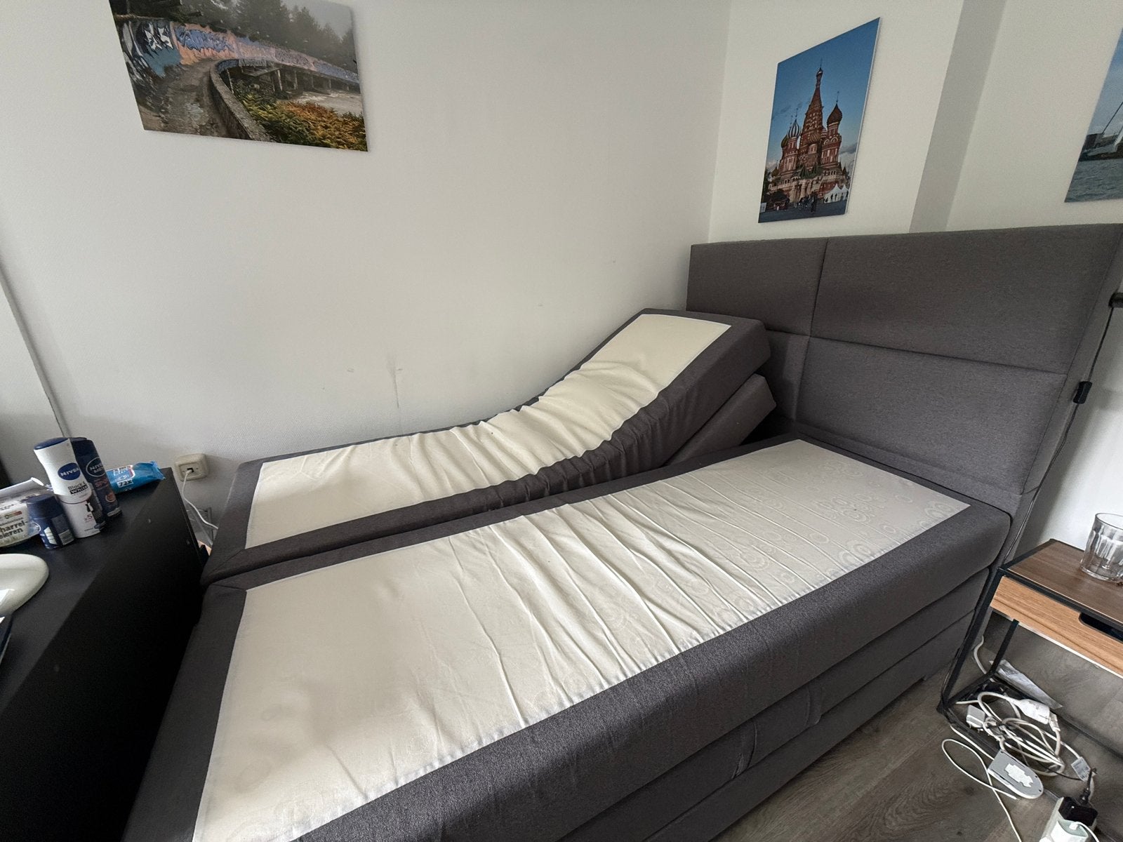 Verstelbaar Tweepersoons Boxspring Bed 200x140 - Grijs, Huis en Inrichting, Slaapkamer | Bedden, Ophalen, Tweepersoons, 140 cm