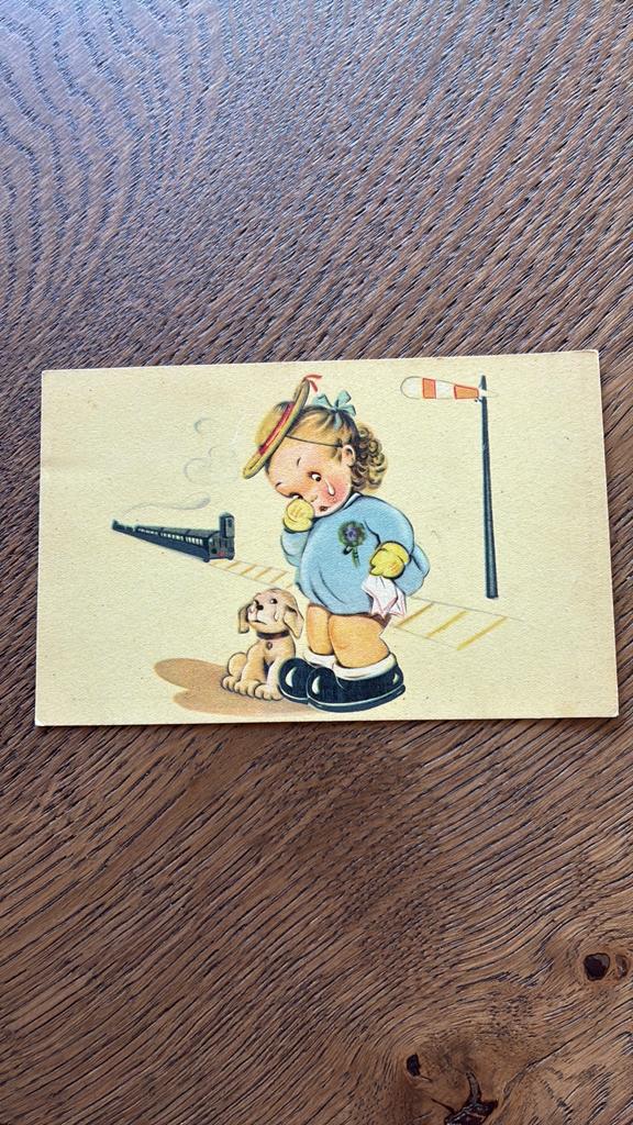 Kinderkaart.Fantasie.Meisje met hond,dikke tranen.Trein weg., Verzamelen, Ophalen of Verzenden, Kinderen